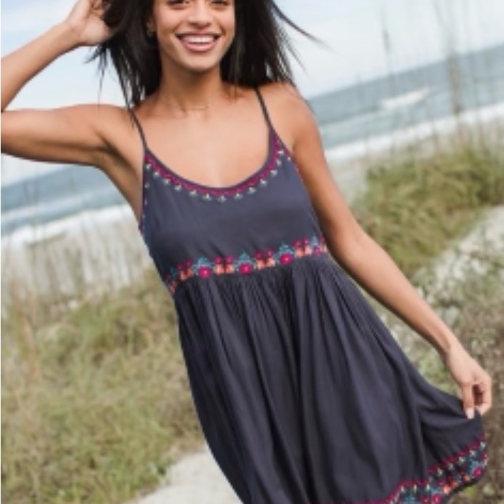NATURAL LIFE- GREEN***- Spaghetti-Strap Mini Dress with Pink & Blue Embroidery